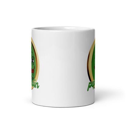 White glossy Pepe Coin mug