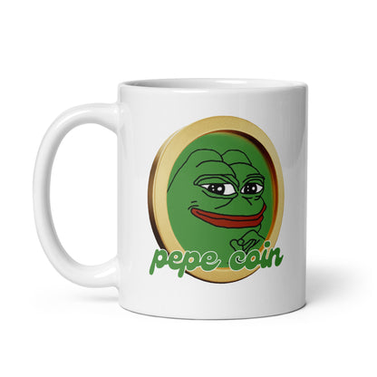 White glossy Pepe Coin mug