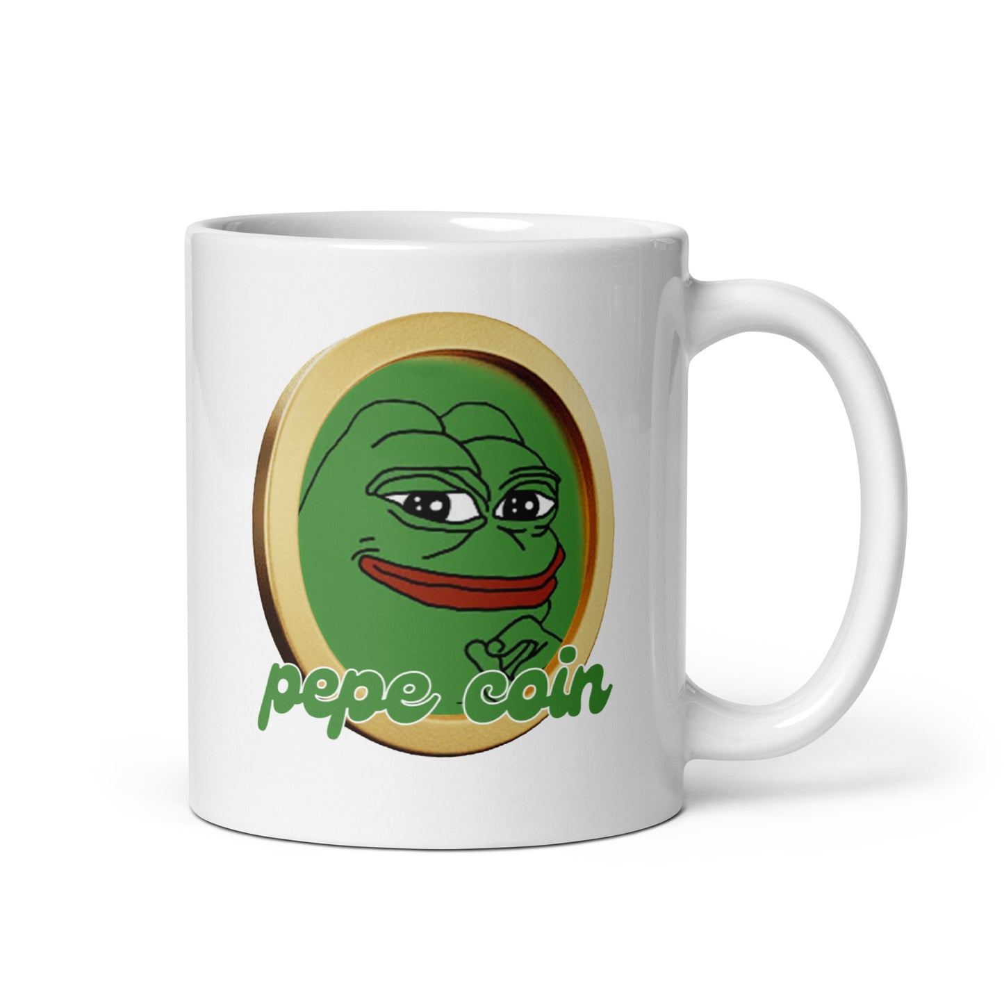 White glossy Pepe Coin mug